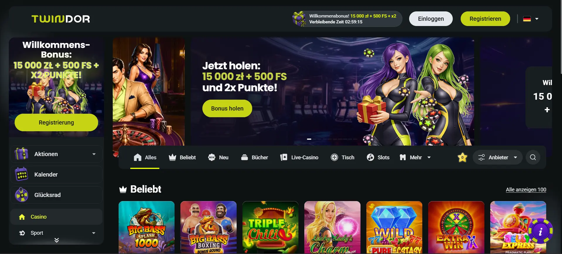 Screenshot der Website von Twindor Casino